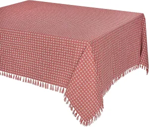 Table Cloth, Spice Red/White Woven Fringed, 100% Cotton Table Cover, Size 60x120 Inch, Suitable for Formal Dining, Everyday Meals and Casual Occasions.