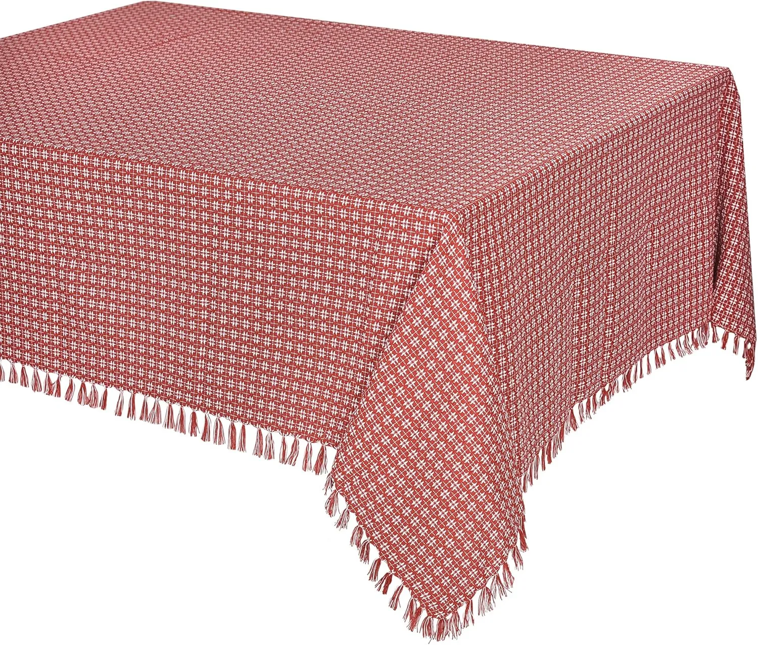 Table Cloth, Spice Red/White Woven Fringed, 100% Cotton Table Cover, Size 60x120 Inch, Suitable for Formal Dining, Everyday Meals and Casual Occasions.
