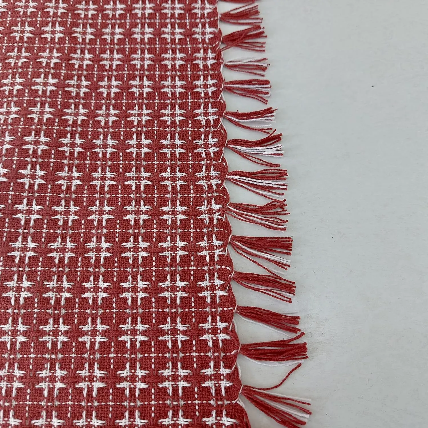 Table Cloth, Spice Red/White Woven Fringed, 100% Cotton Table Cover, Size 60x120 Inch, Suitable for Formal Dining, Everyday Meals and Casual Occasions.