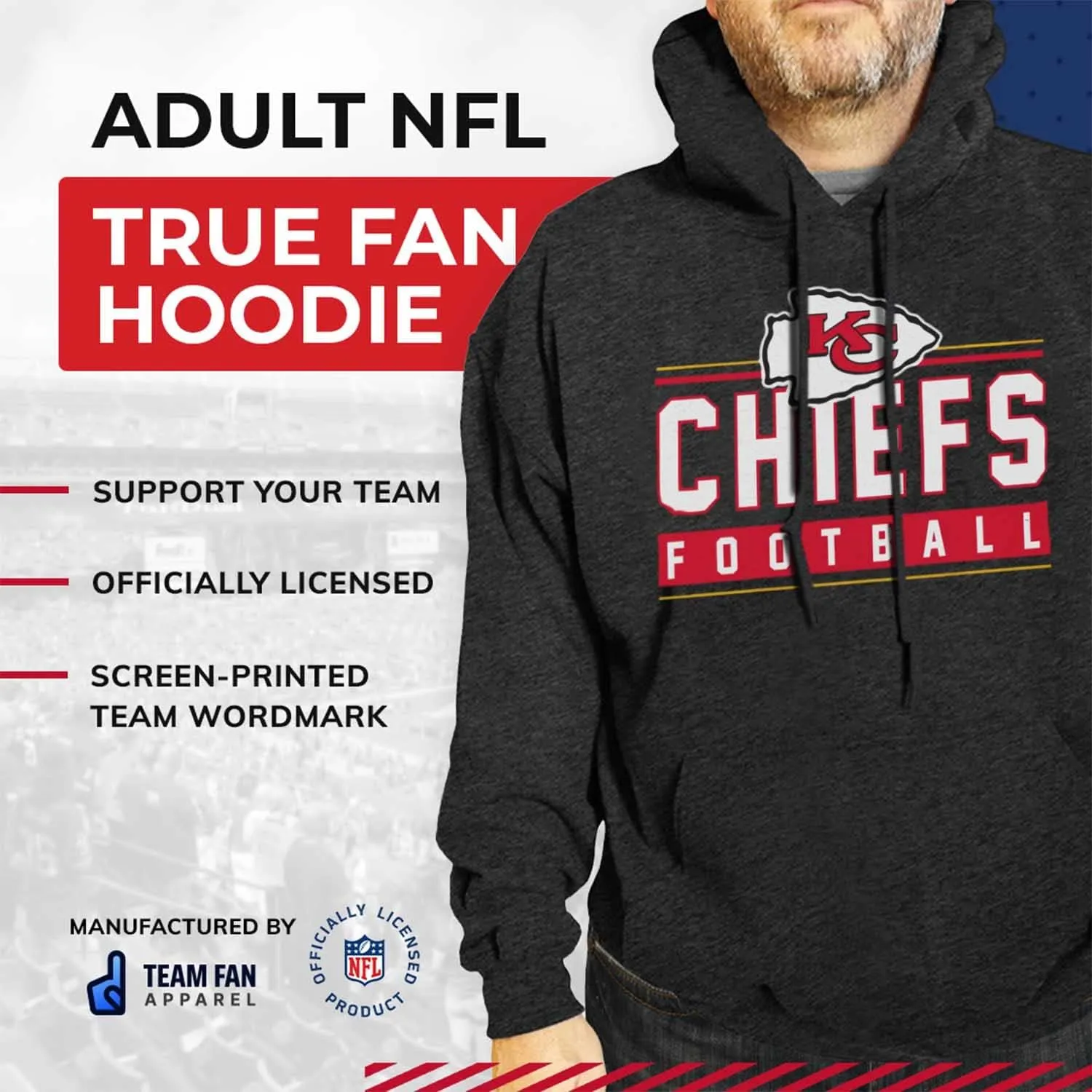 Team Fan Apparel NFL Adult True Fan Hooded Charcoal Sweatshirt - Cotton Poly Fleece - Show Your Team Spirit & be Comfortable