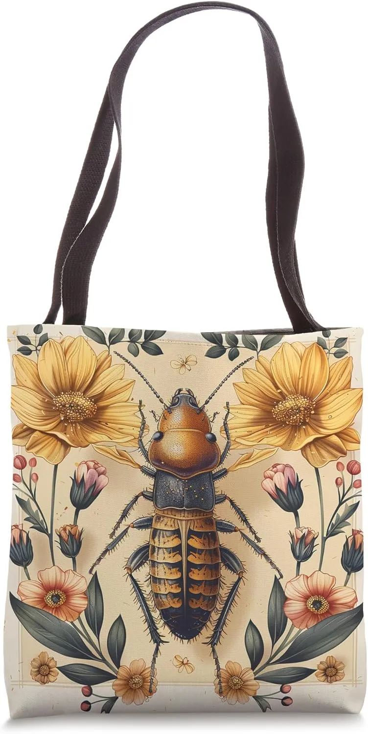 Termite With Flowers Around Boho Style Graphic Tote Bag
