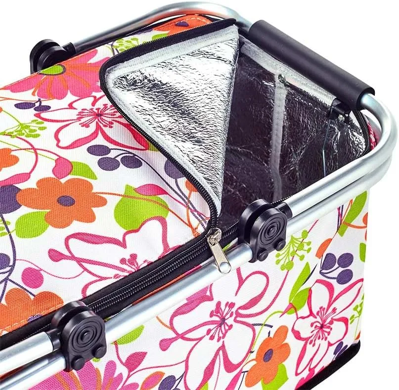 The Lakeside Collection Insulated Picnic Basket - Floral Design, Foldable & Secure