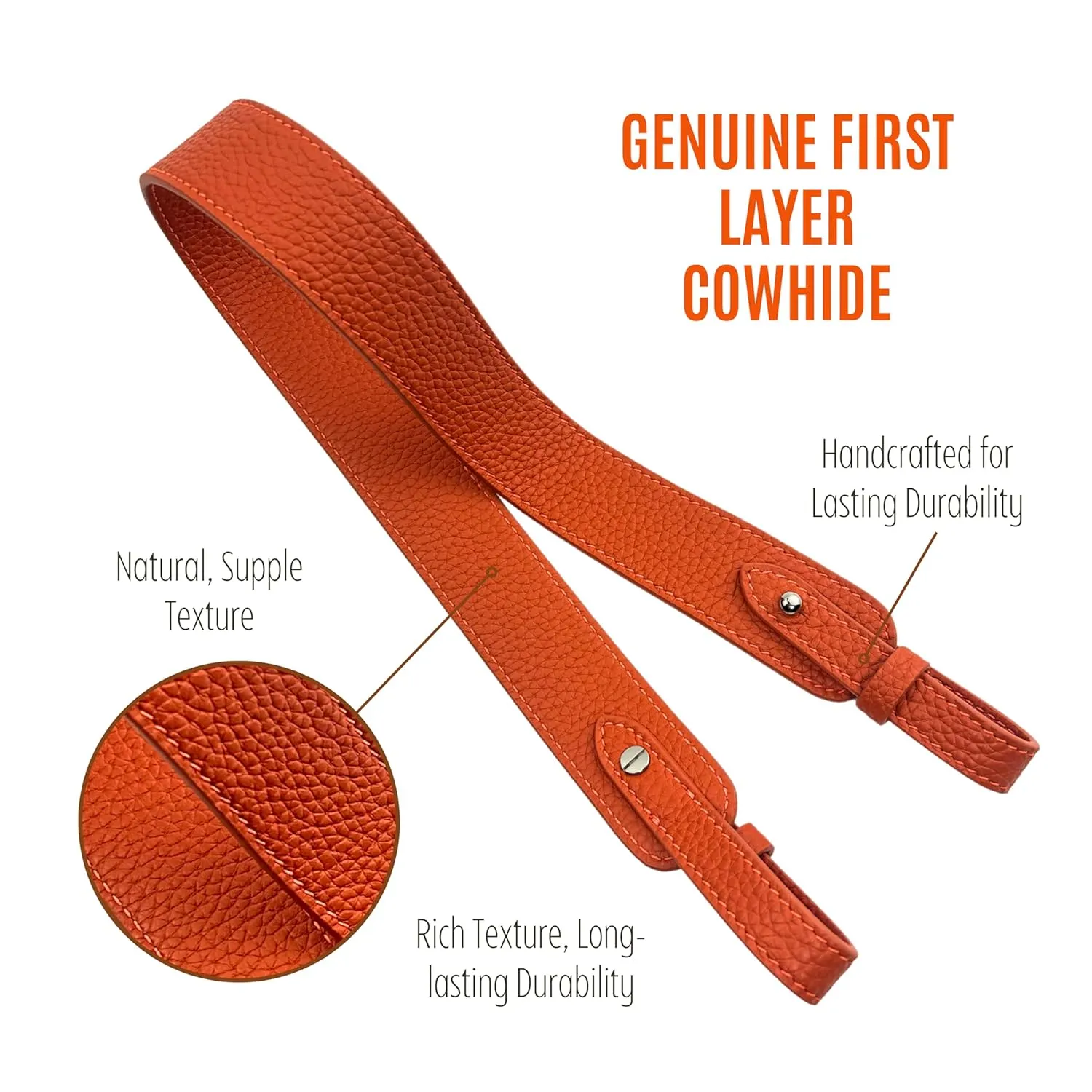 Togo Leather Shoulder Bag Strap for Picotin, Lindy, Evelyne, Kelly & More – Handmade Cowhide Crossbody Purse Strap – Adjustable Lengths Premium Hardware (A-3.3cm-GOLD, Orange)
