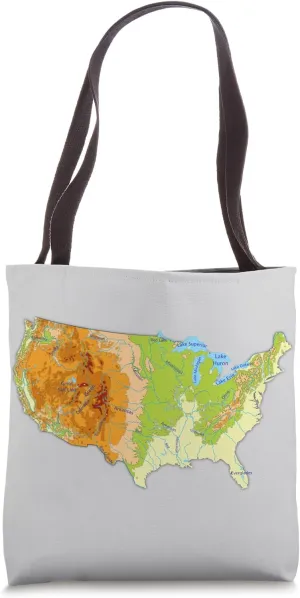 Topographical map of USA, names of the great lakes & rivers Tote Bag