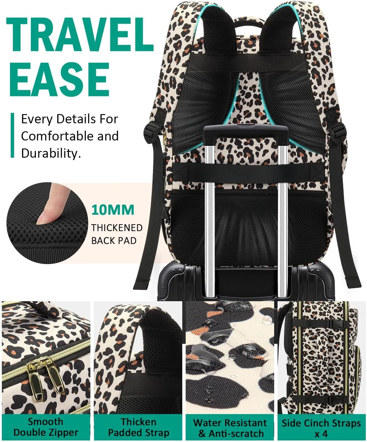 Travel Backpack For Women, Carry On Backpack for Men Flight Approved Airline Personal Item Travel Bag TSA Business 17.3 in Laptop Mochila, Travels Essentials Bookbag for Work Nurse Hiking (Leopard)