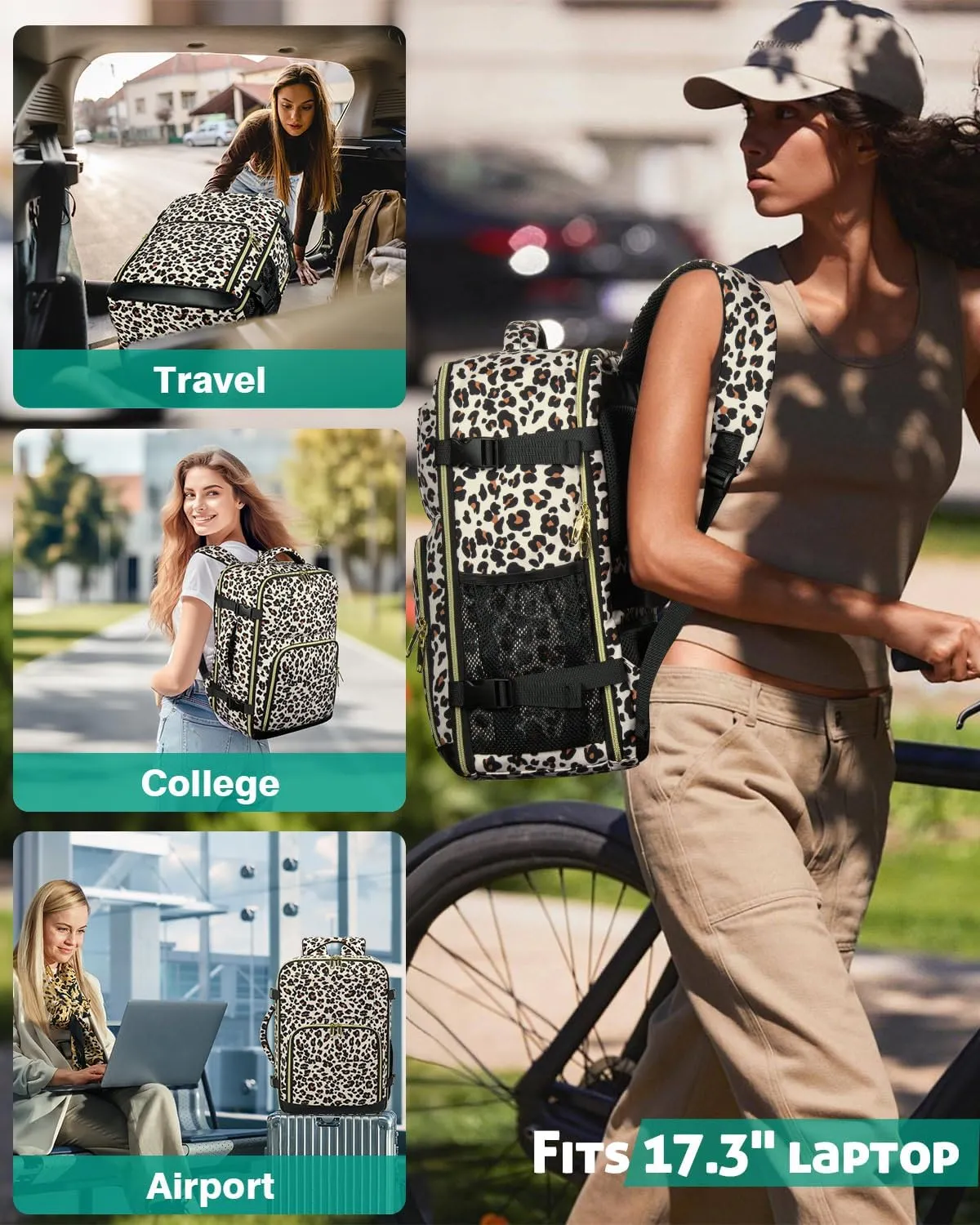 Travel Backpack For Women, Carry On Backpack for Men Flight Approved Airline Personal Item Travel Bag TSA Business 17.3 in Laptop Mochila, Travels Essentials Bookbag for Work Nurse Hiking (Leopard)