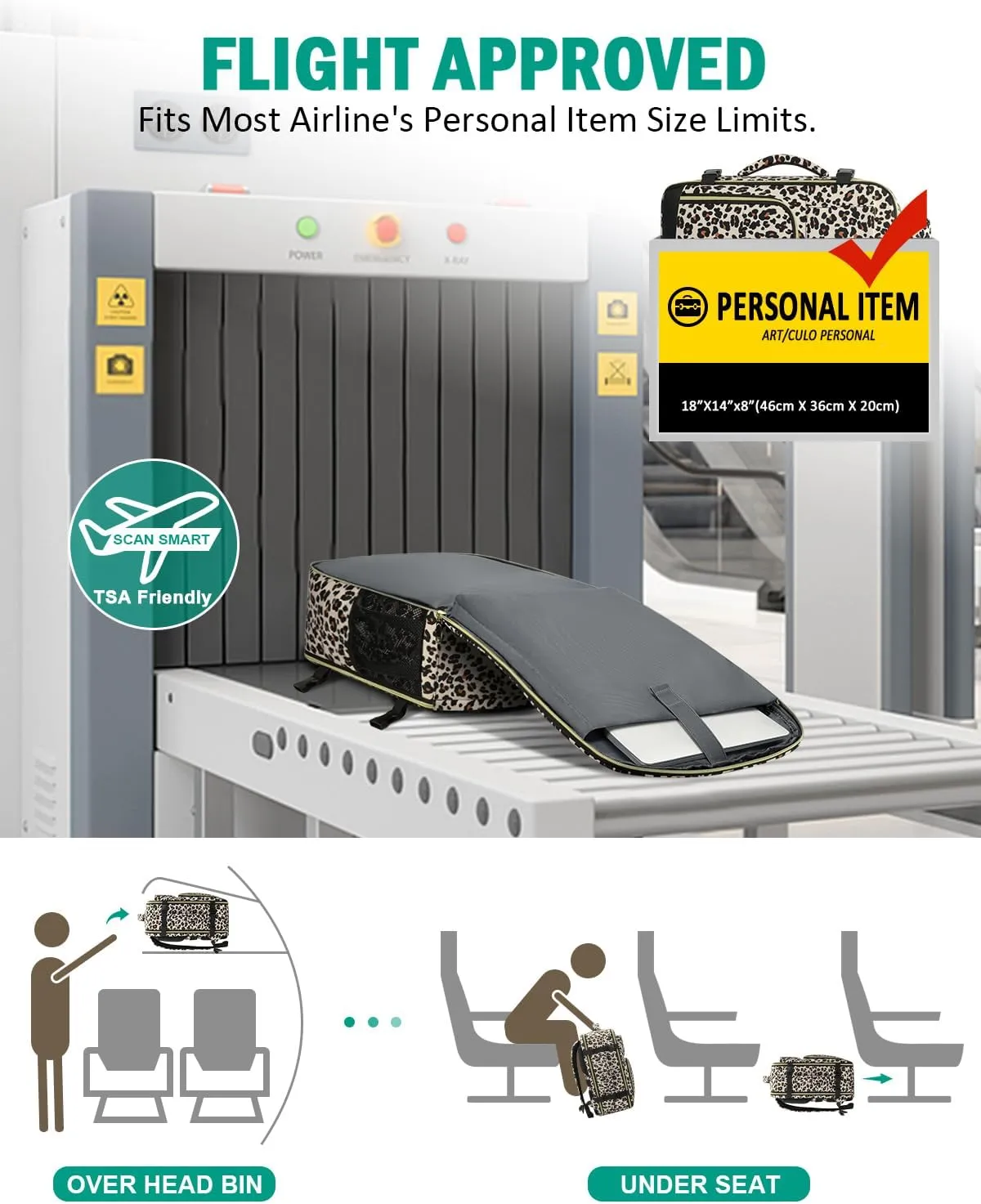 Travel Backpack For Women, Carry On Backpack for Men Flight Approved Airline Personal Item Travel Bag TSA Business 17.3 in Laptop Mochila, Travels Essentials Bookbag for Work Nurse Hiking (Leopard)