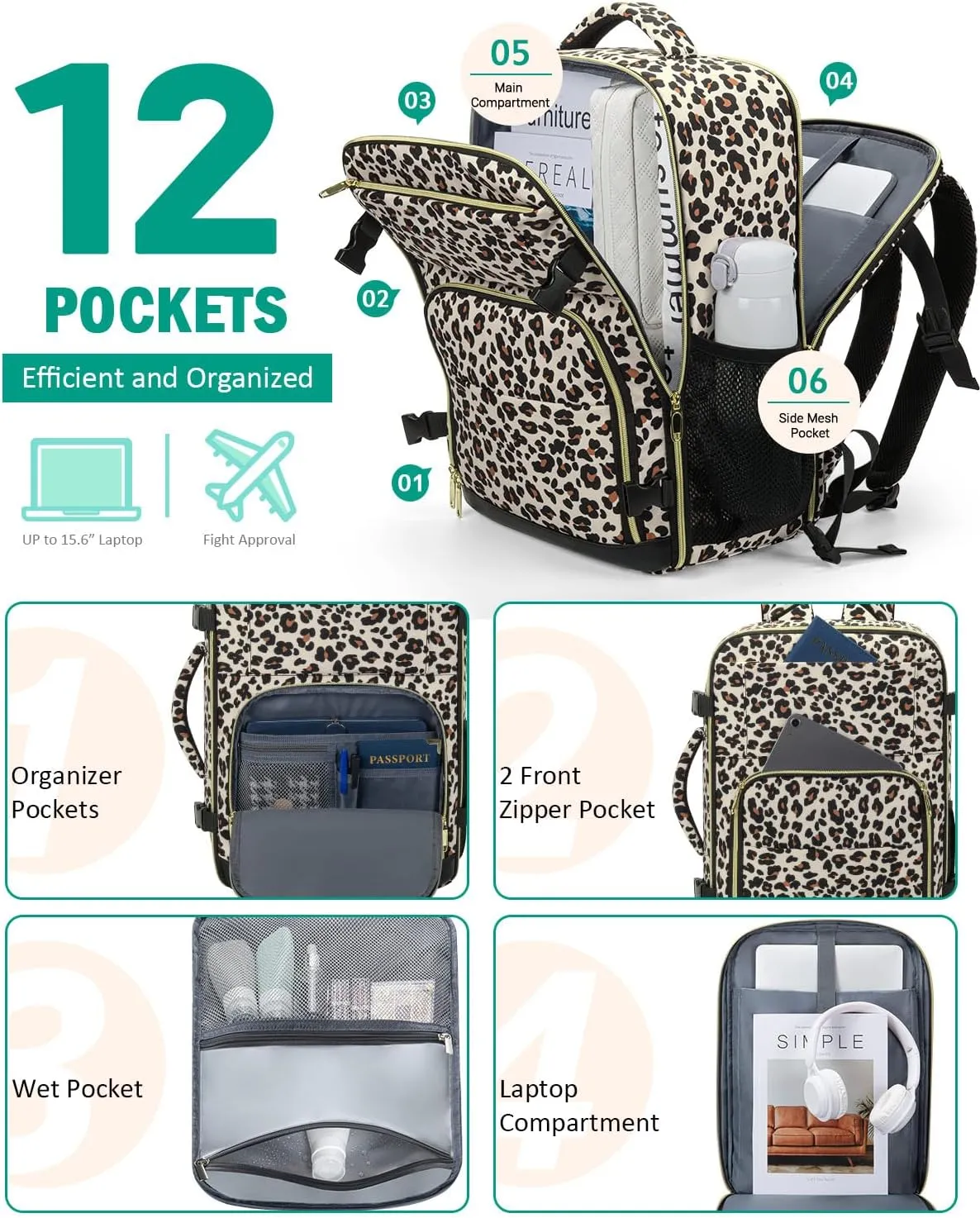 Travel Backpack For Women, Carry On Backpack for Men Flight Approved Airline Personal Item Travel Bag TSA Business 17.3 in Laptop Mochila, Travels Essentials Bookbag for Work Nurse Hiking (Leopard)