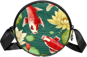 Travel Crossbody Bags for Women, Round, Shoulder Bag, art pattern Pond fish