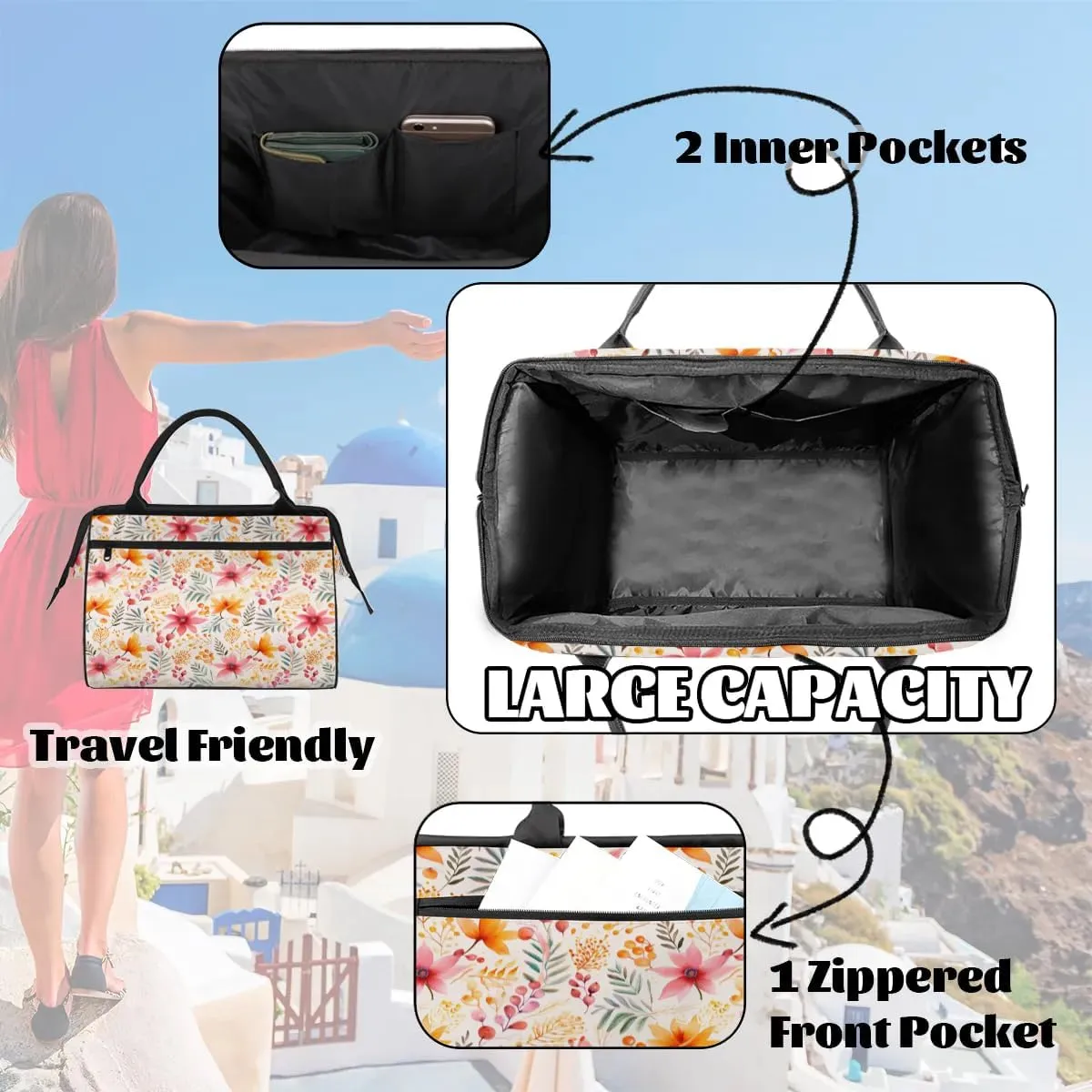 Travel Duffel Bag for Women, Autumn Flower Floral Weekender Overnight Bag Carry on Beach Swim Bags Dance Bag Airlines Approved Personal Item Travel Bag for Yoga, Sports, Hospital