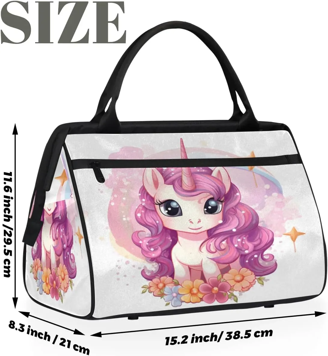 Travel Duffel Bag for Women, Cute Unicorn Flower Weekender Overnight Bag Carry on Beach Swim Bags Dance Bag Airlines Approved Personal Item Travel Bag for Yoga, Sports, Hospital