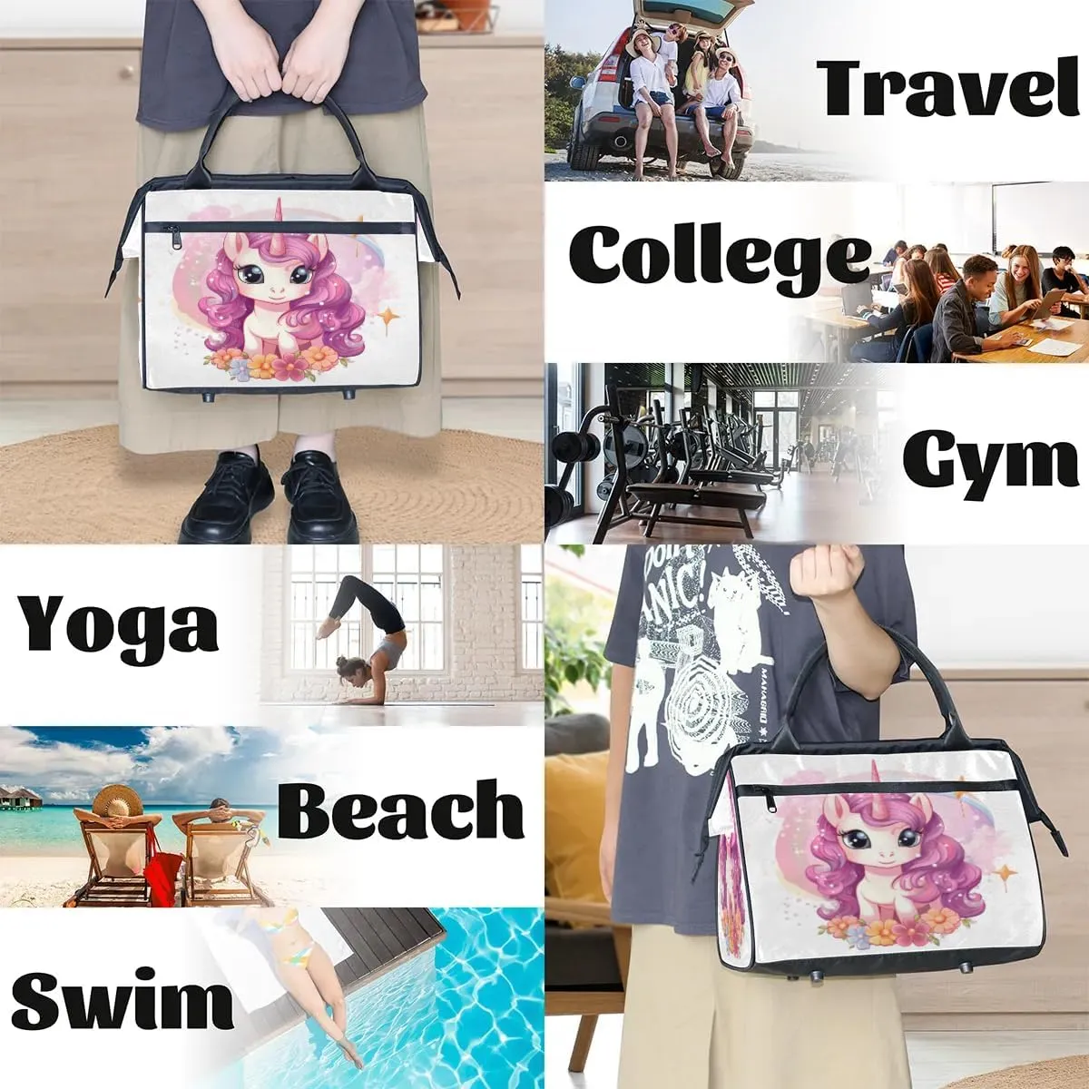 Travel Duffel Bag for Women, Cute Unicorn Flower Weekender Overnight Bag Carry on Beach Swim Bags Dance Bag Airlines Approved Personal Item Travel Bag for Yoga, Sports, Hospital