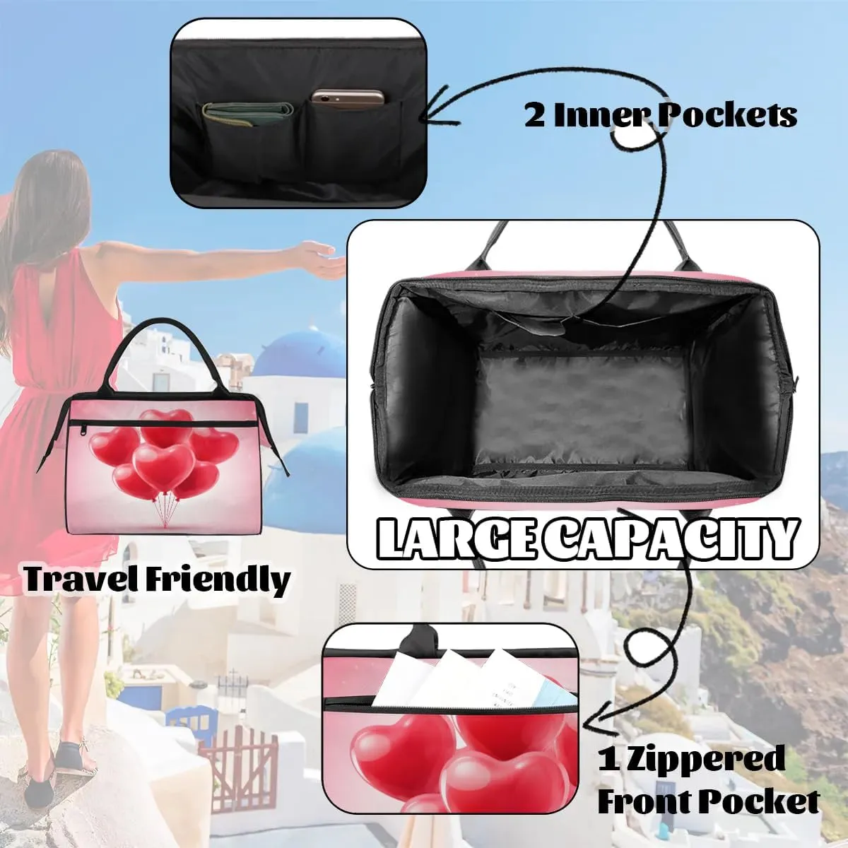 Travel Duffel Bag for Women, Heart Balloon Weekender Overnight Bag Carry on Beach Swim Bags Dance Bag Airlines Approved Personal Item Travel Bag for Yoga, Sports, Hospital