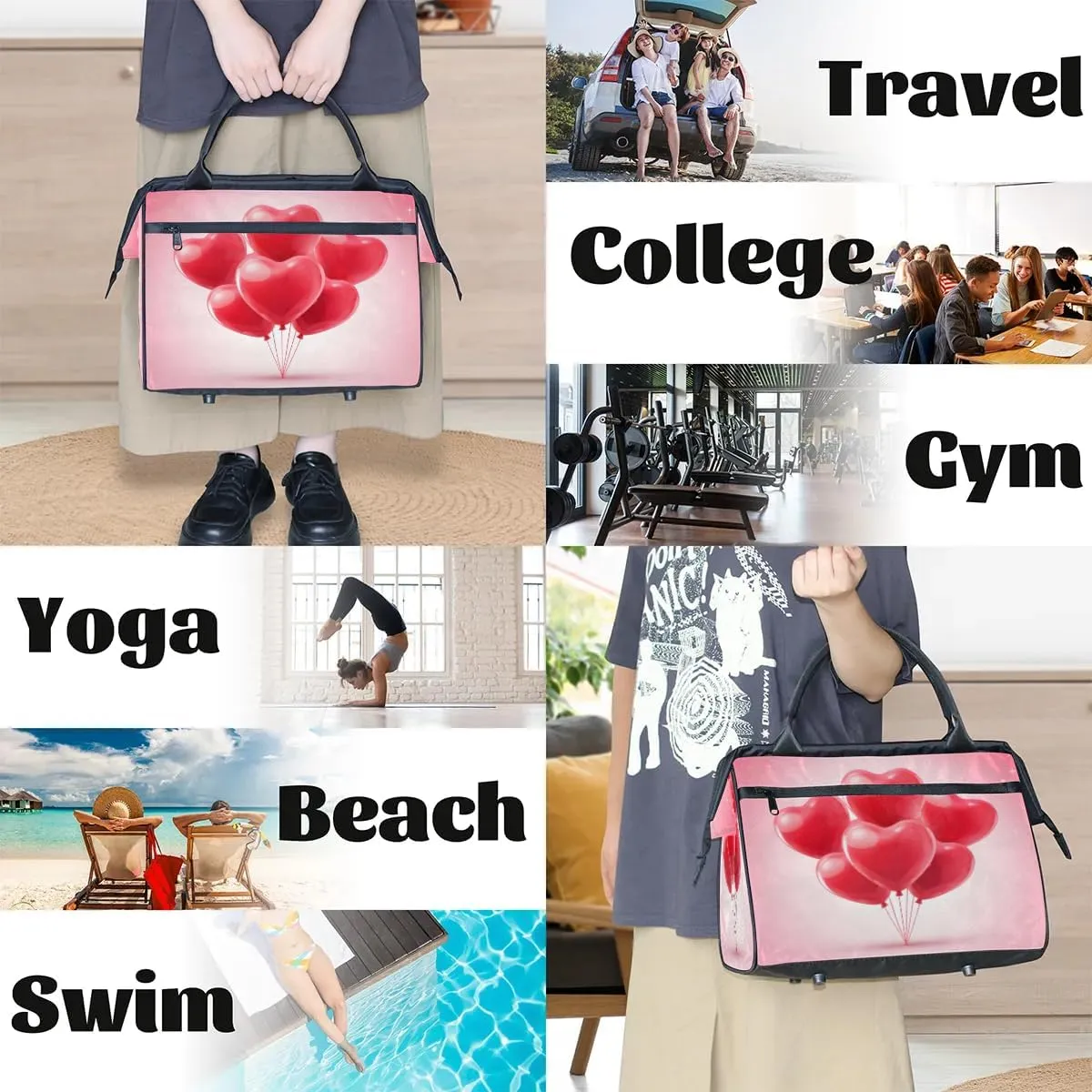 Travel Duffel Bag for Women, Heart Balloon Weekender Overnight Bag Carry on Beach Swim Bags Dance Bag Airlines Approved Personal Item Travel Bag for Yoga, Sports, Hospital