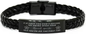 Travel Guide Braided Leather Bracelet, If at first you don't succeed, try doing what your athletic trainer told you to do the first time., Laser Engraved, Stainless Steel Wristband