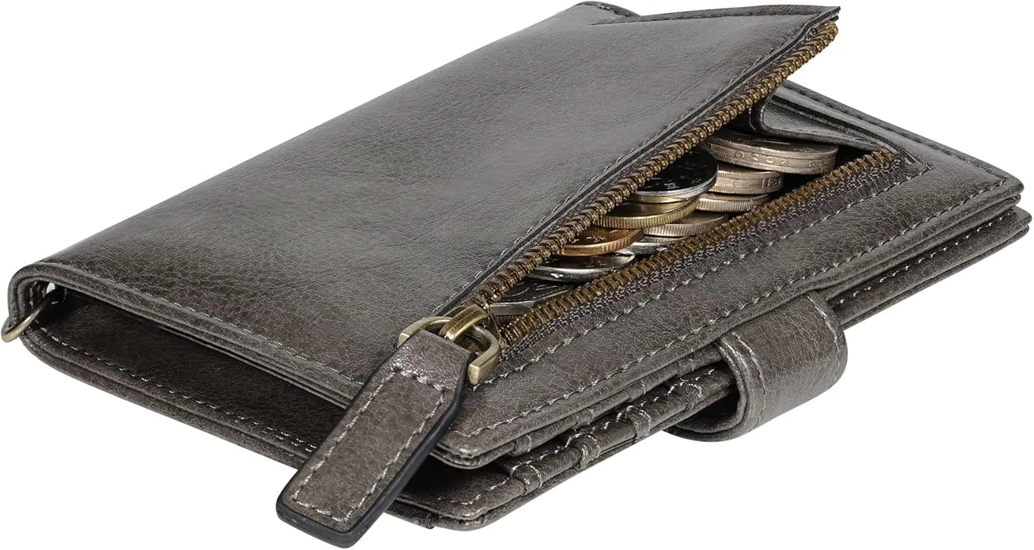Travelambo Small Womens Wallet with 2 ID Windows, RFID Blocking Bifold Leather Card Holder Purse with Zipper Coin Pocket