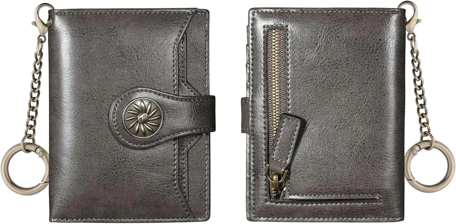 Travelambo Small Womens Wallet with 2 ID Windows, RFID Blocking Bifold Leather Card Holder Purse with Zipper Coin Pocket