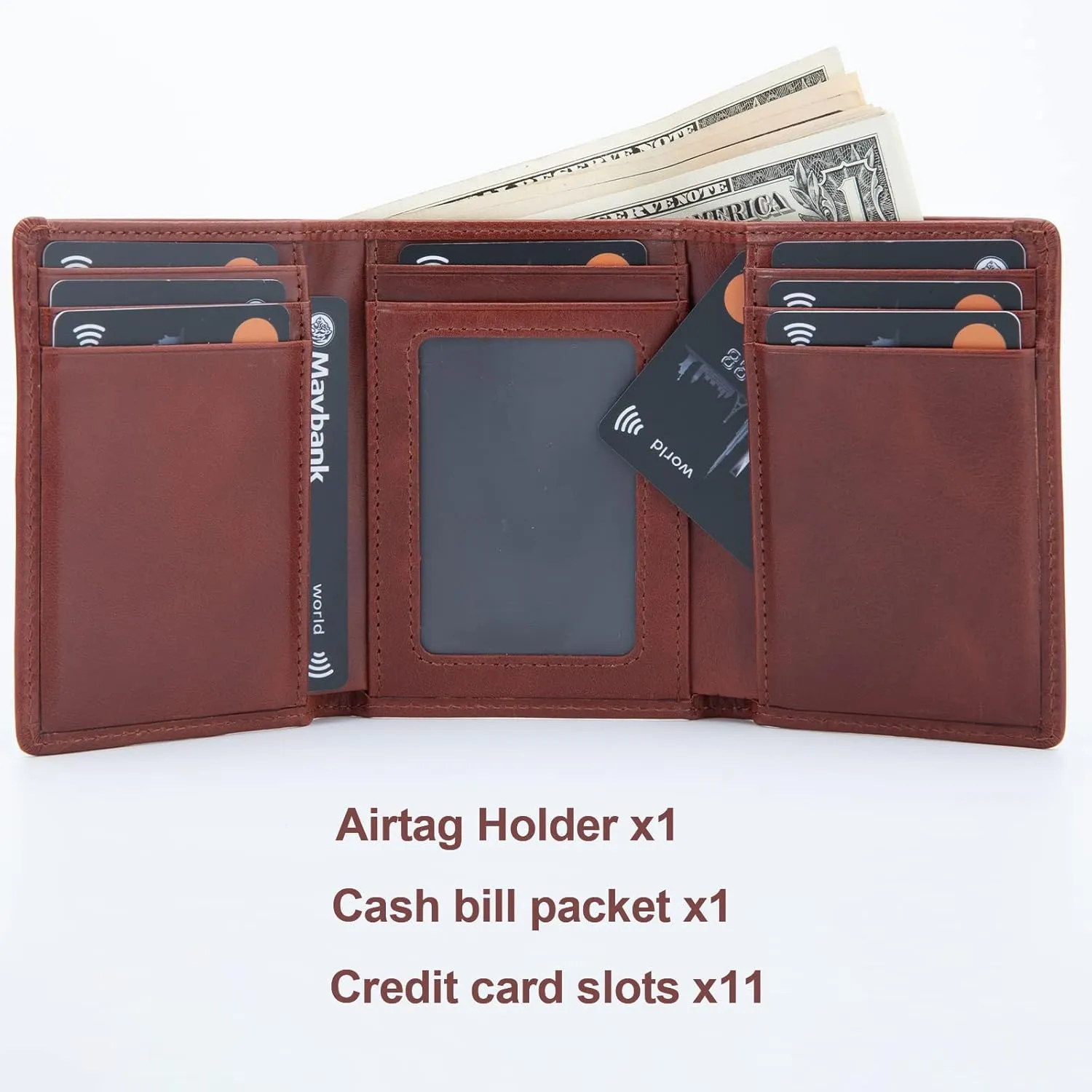 Trifold AirTag Wallet Men,Wallet with Air Tag Holder Genuine Leather RFID Blocking Wallet for Apple Airtag Brown (Apple Airtag Not included)