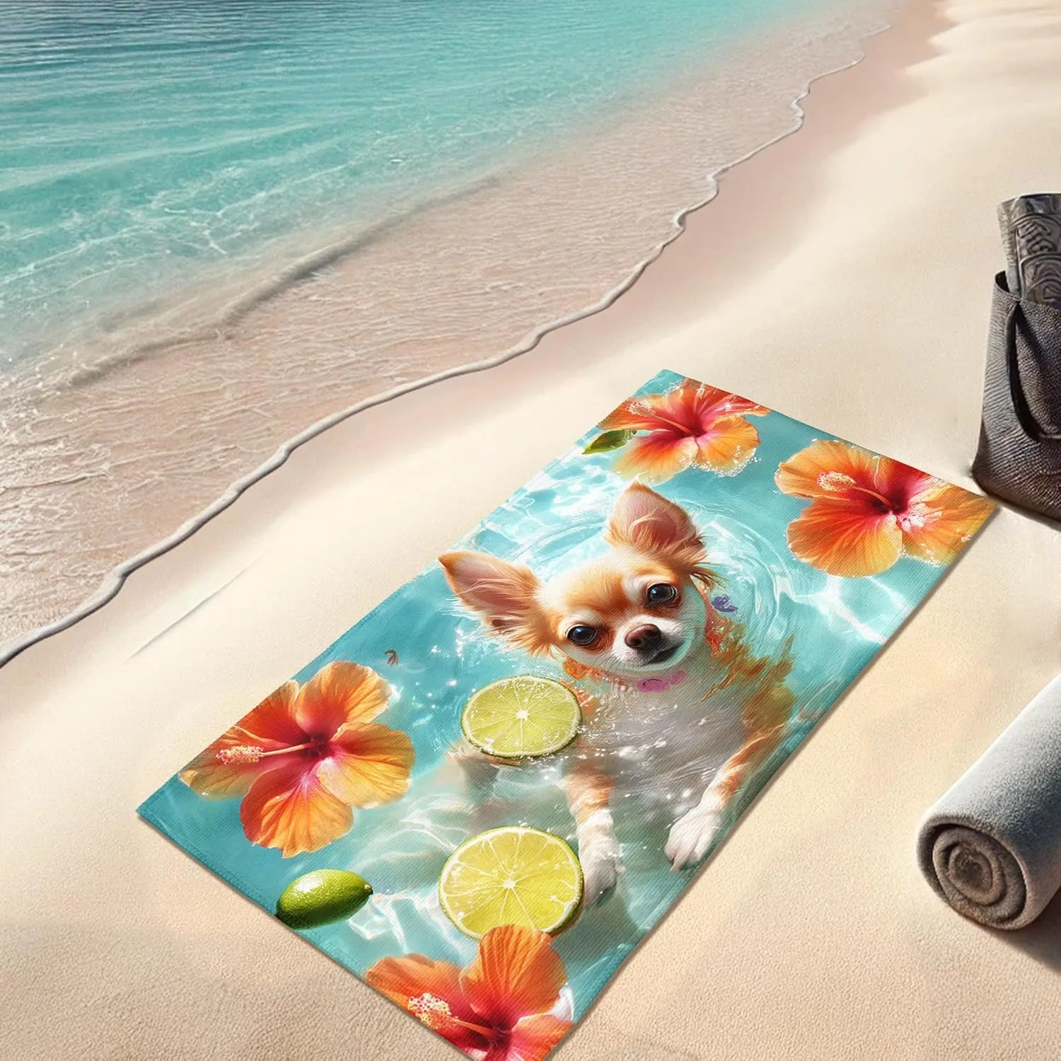 Tropical Hibiscus Microfiber Beach Towel Orange Floral Pattern, Quick Dry Absorbent Soft Sand Free Lightweight Bath Blanket, Summer Vacation Outdoor Picnic Essentials 62x31 Inch