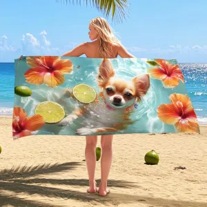 Tropical Hibiscus Microfiber Beach Towel Orange Floral Pattern, Quick Dry Absorbent Soft Sand Free Lightweight Bath Blanket, Summer Vacation Outdoor Picnic Essentials 62x31 Inch