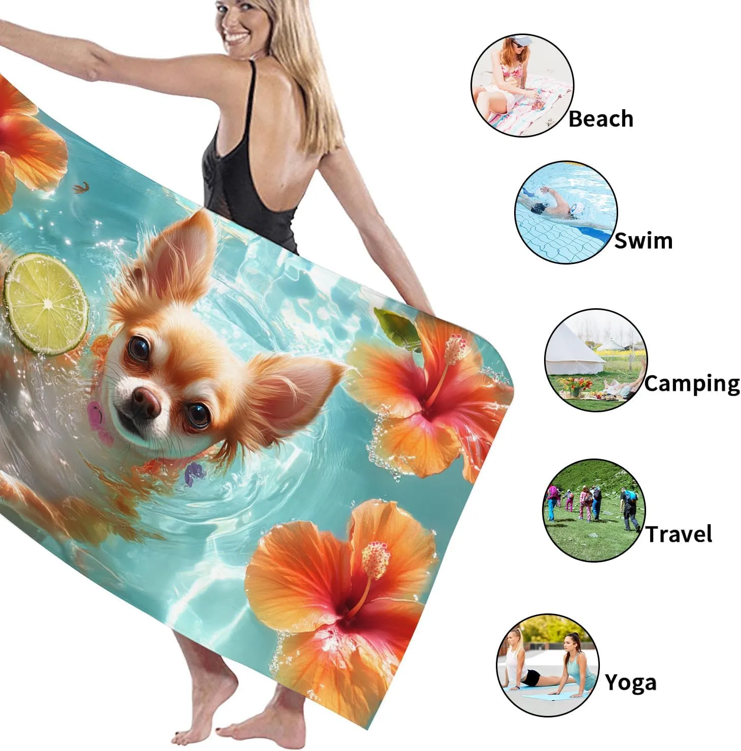 Tropical Hibiscus Microfiber Beach Towel Orange Floral Pattern, Quick Dry Absorbent Soft Sand Free Lightweight Bath Blanket, Summer Vacation Outdoor Picnic Essentials 62x31 Inch