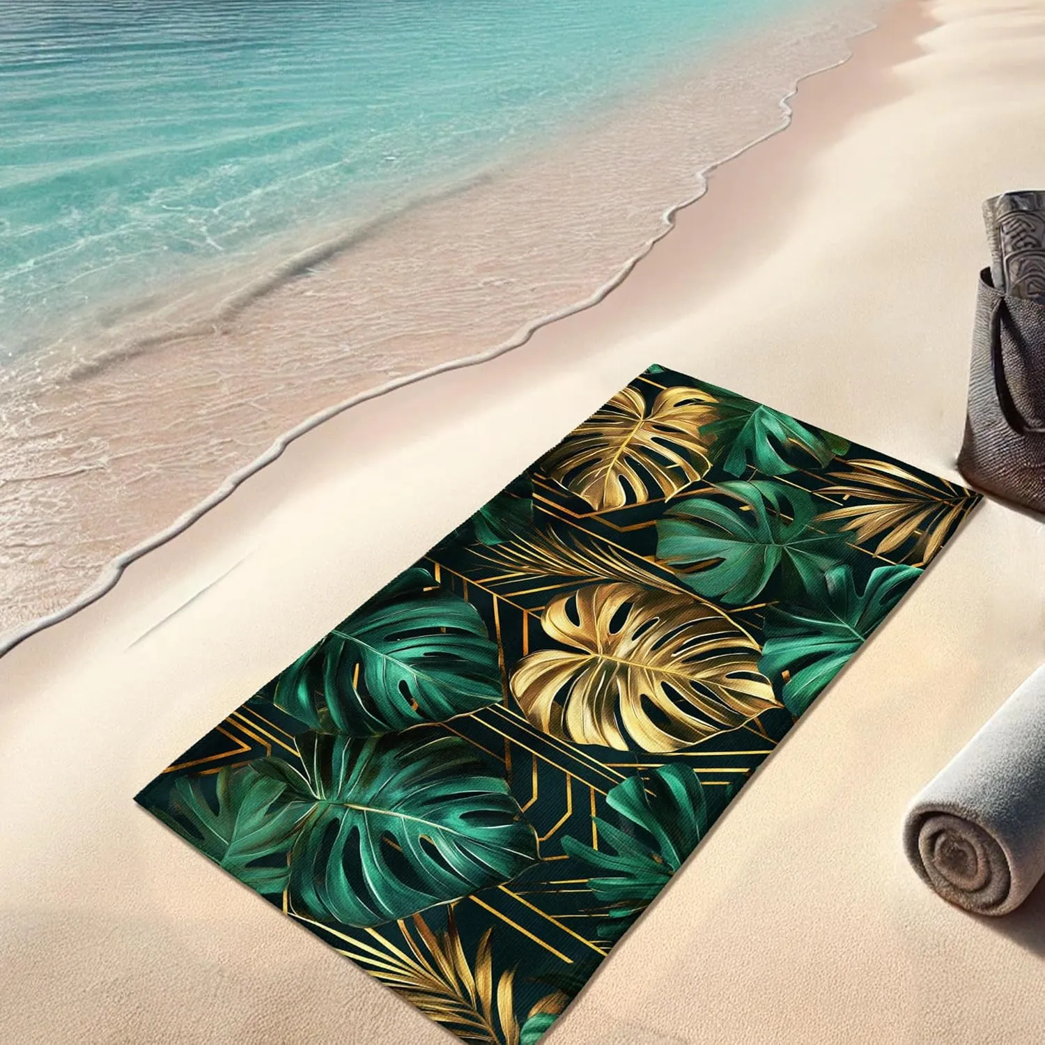 Tropical Leaf Microfiber Beach Towel Extra Large Green and Gold Plant Designs, Quick Dry Absorbent Sand Free Lightweight Blanket, Travel Pool Picnic Essentials 62x31 Inch