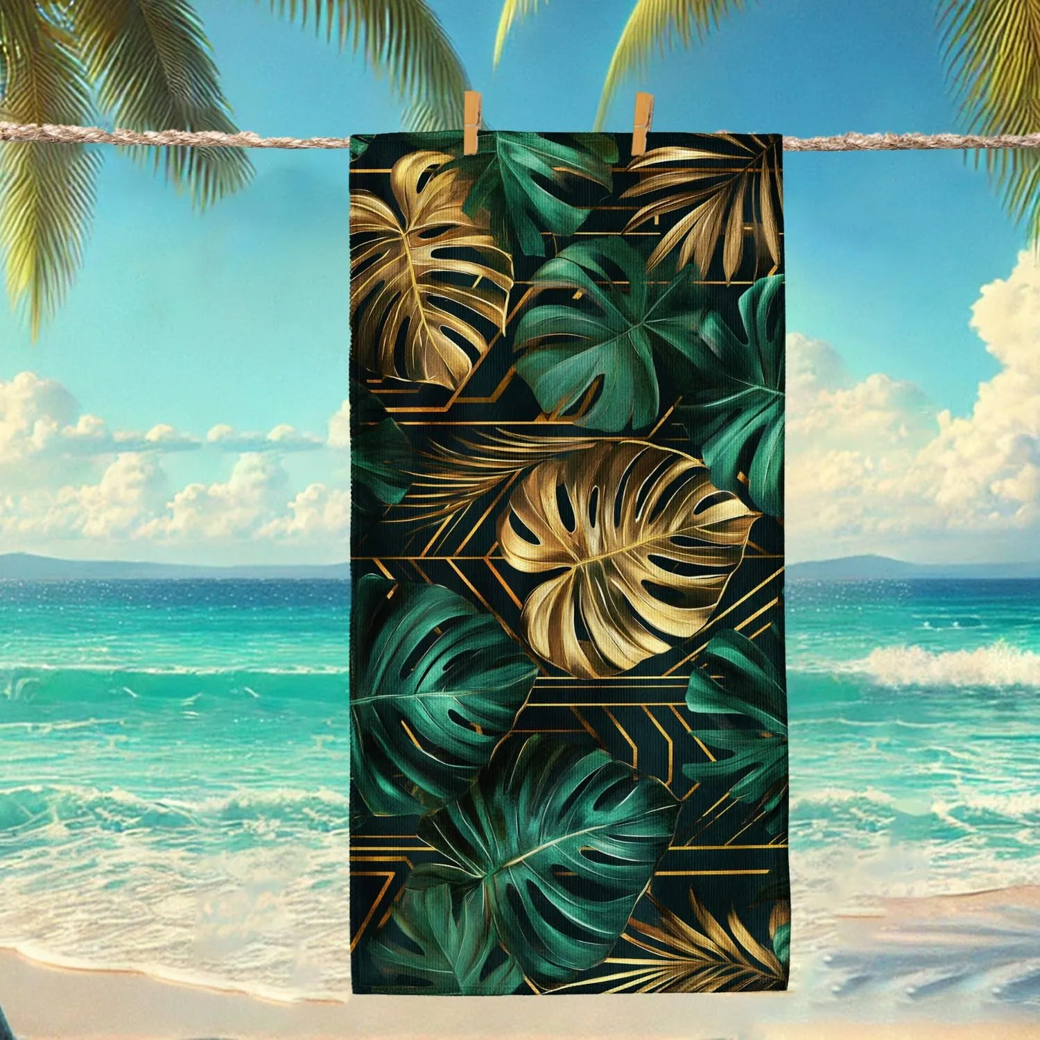 Tropical Leaf Microfiber Beach Towel Extra Large Green and Gold Plant Designs, Quick Dry Absorbent Sand Free Lightweight Blanket, Travel Pool Picnic Essentials 62x31 Inch
