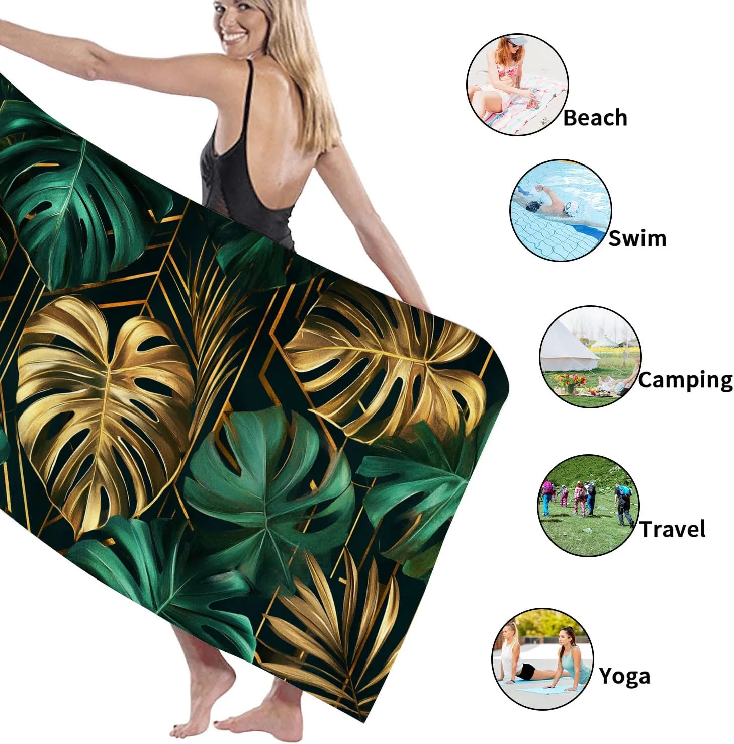 Tropical Leaf Microfiber Beach Towel Extra Large Green and Gold Plant Designs, Quick Dry Absorbent Sand Free Lightweight Blanket, Travel Pool Picnic Essentials 62x31 Inch