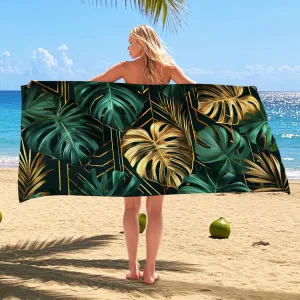 Tropical Leaf Microfiber Beach Towel Extra Large Green and Gold Plant Designs, Quick Dry Absorbent Sand Free Lightweight Blanket, Travel Pool Picnic Essentials 62x31 Inch