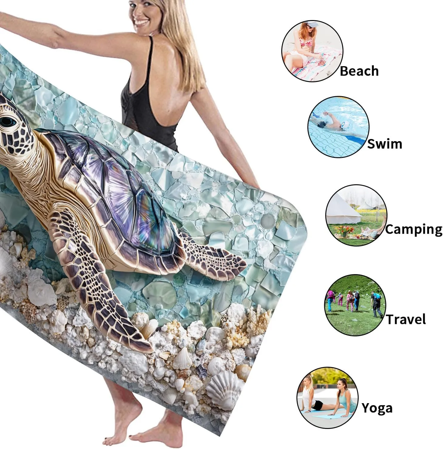 Tropical Sea Turtle Microfiber Beach Towel Ocean Blue Shells Sand Free Lightweight Quick Dry Absorbent Pool Picnic Essentials 62x31 Inch