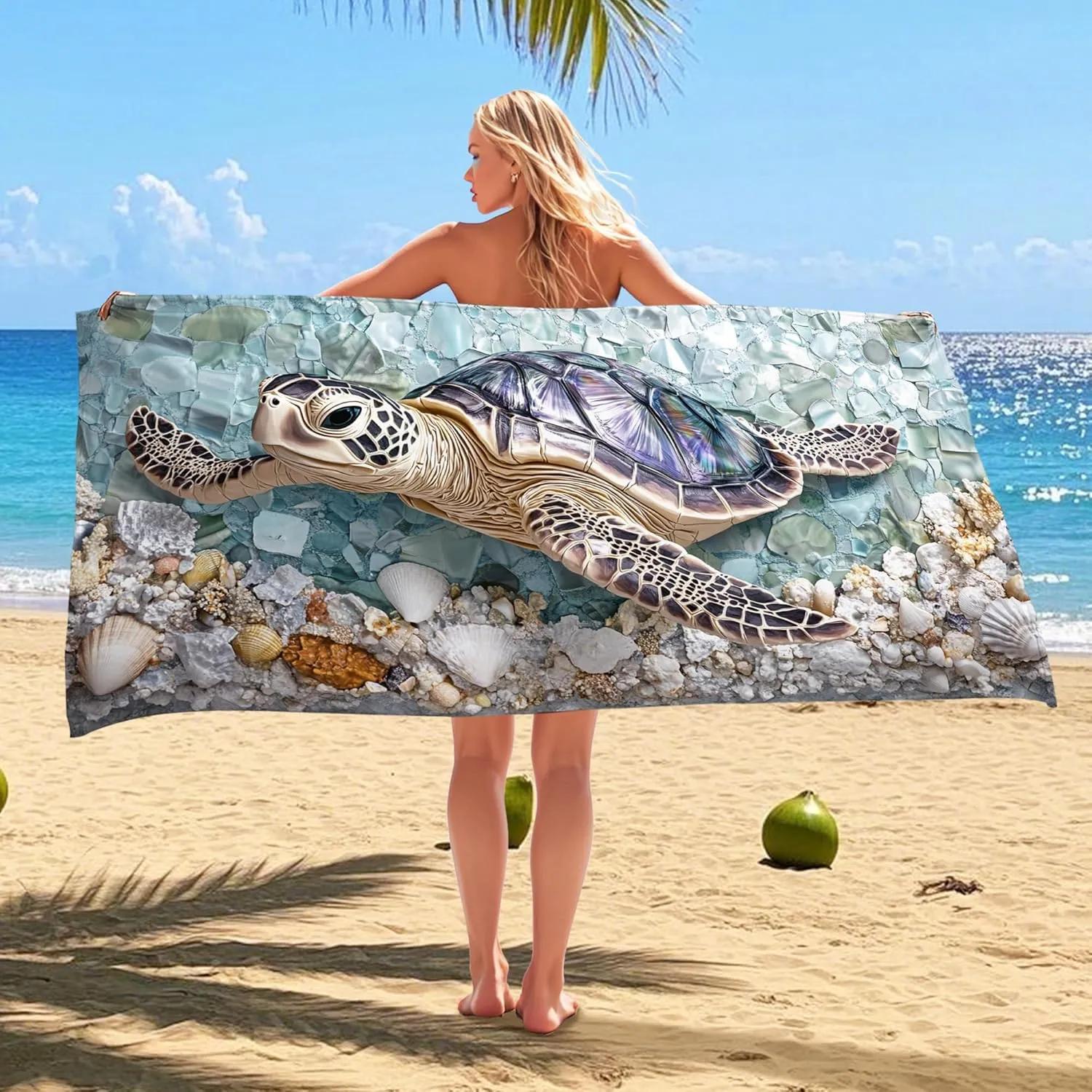 Tropical Sea Turtle Microfiber Beach Towel Ocean Blue Shells Sand Free Lightweight Quick Dry Absorbent Pool Picnic Essentials 62x31 Inch