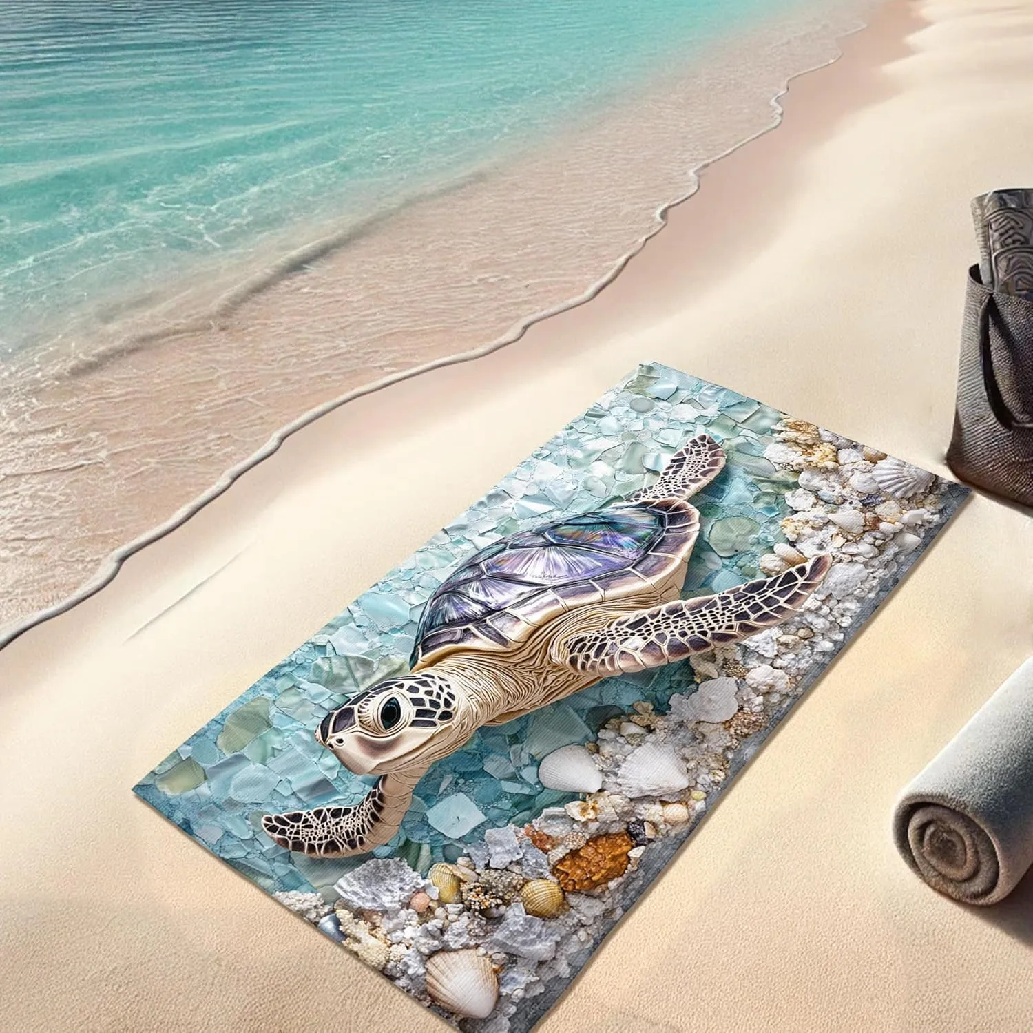 Tropical Sea Turtle Microfiber Beach Towel Ocean Blue Shells Sand Free Lightweight Quick Dry Absorbent Pool Picnic Essentials 62x31 Inch
