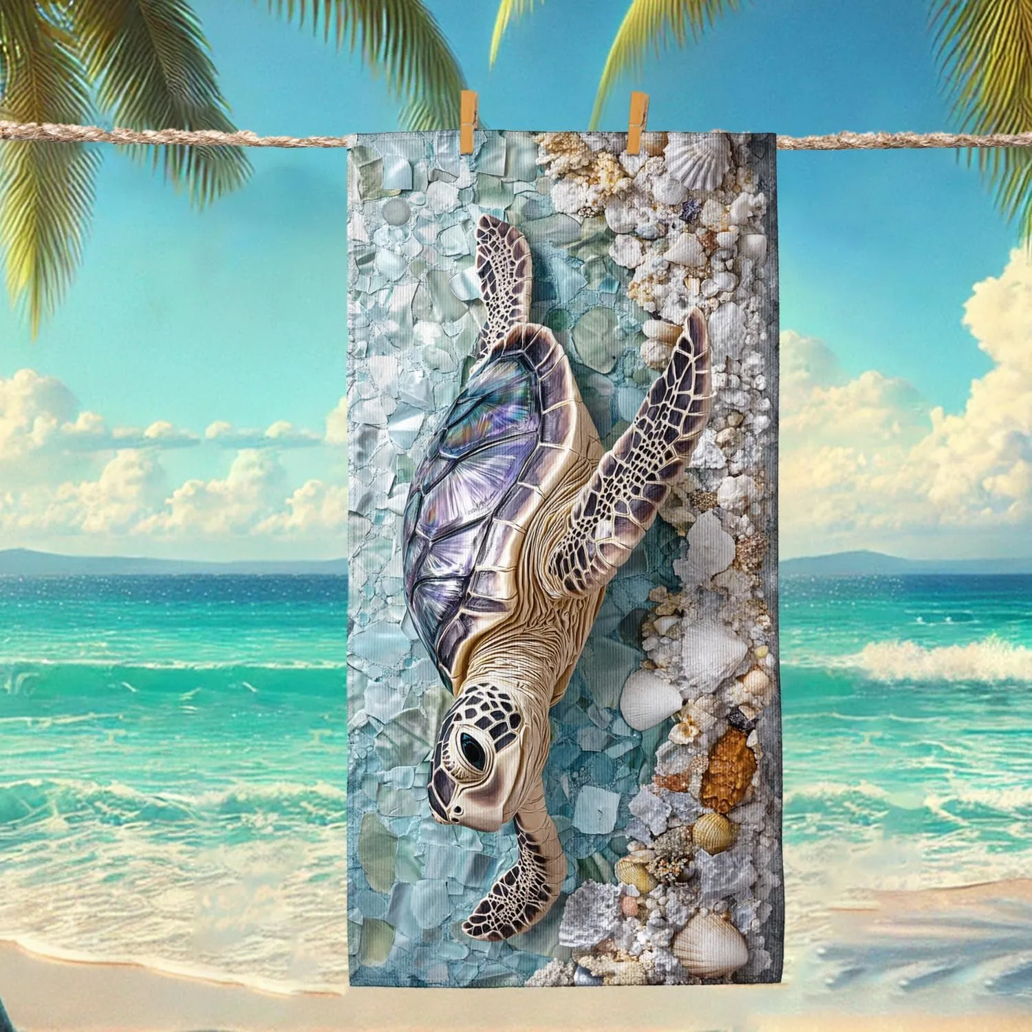 Tropical Sea Turtle Microfiber Beach Towel Ocean Blue Shells Sand Free Lightweight Quick Dry Absorbent Pool Picnic Essentials 62x31 Inch