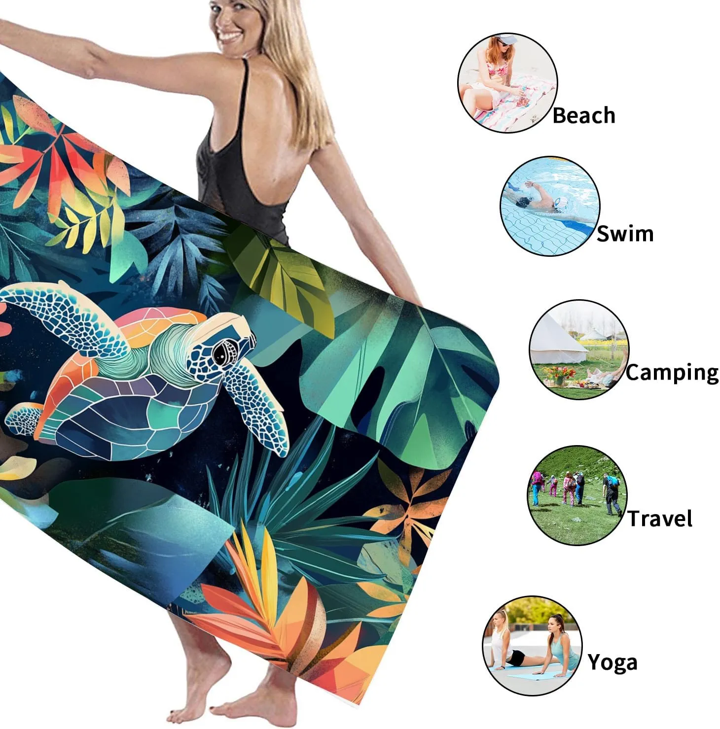 Tropical Turtle Beach Towel Vibrant Blue Green Leaves Design Microfiber Bath Towel, Quick Dry Soft Lightweight Sand Free Blanket, Summer Vacation Pool Picnic Essentials 62x31 Inch
