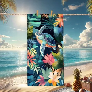 Tropical Turtle Beach Towel Vibrant Blue Green Leaves Design Microfiber Bath Towel, Quick Dry Soft Lightweight Sand Free Blanket, Summer Vacation Pool Picnic Essentials 62x31 Inch