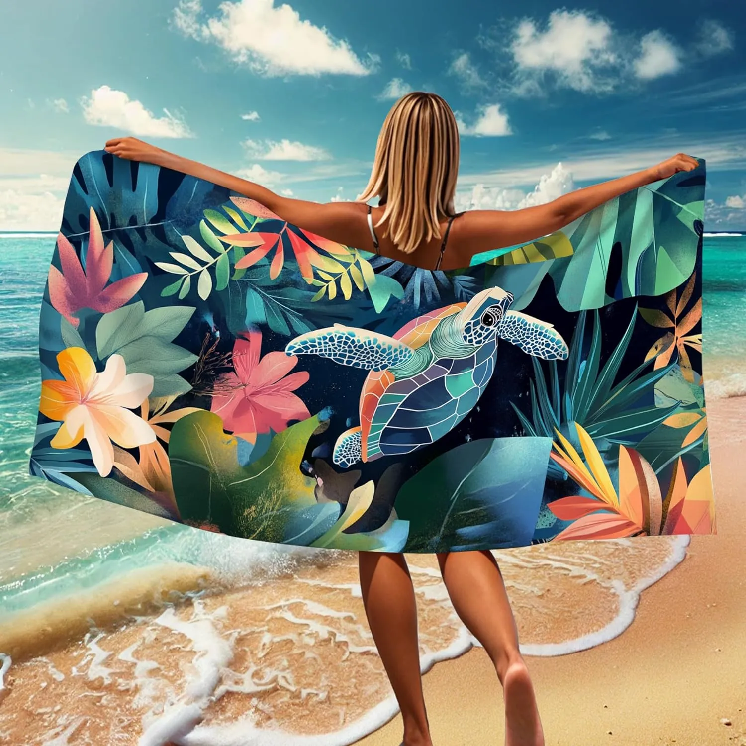 Tropical Turtle Beach Towel Vibrant Blue Green Leaves Design Microfiber Bath Towel, Quick Dry Soft Lightweight Sand Free Blanket, Summer Vacation Pool Picnic Essentials 62x31 Inch