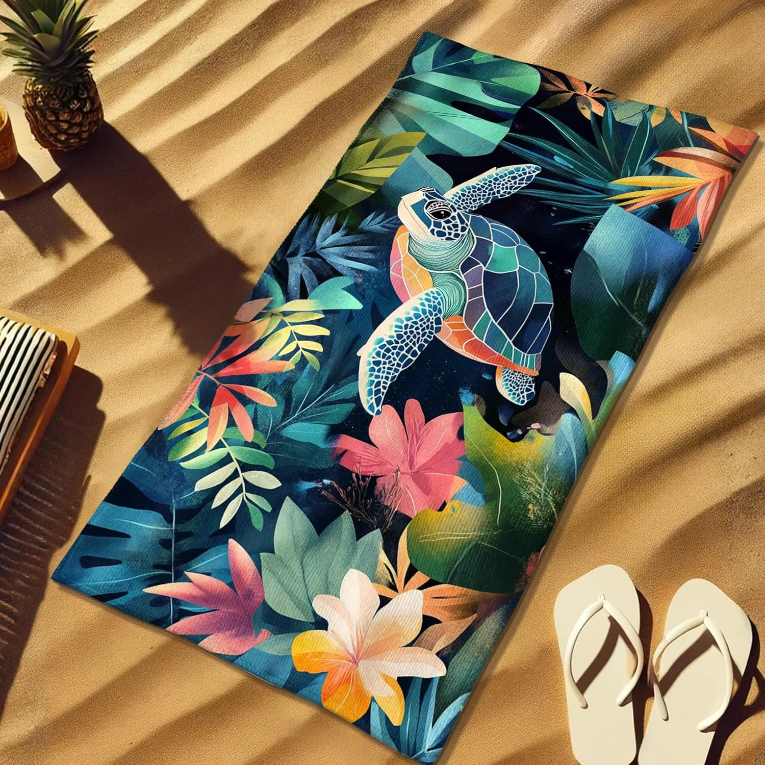 Tropical Turtle Beach Towel Vibrant Blue Green Leaves Design Microfiber Bath Towel, Quick Dry Soft Lightweight Sand Free Blanket, Summer Vacation Pool Picnic Essentials 62x31 Inch