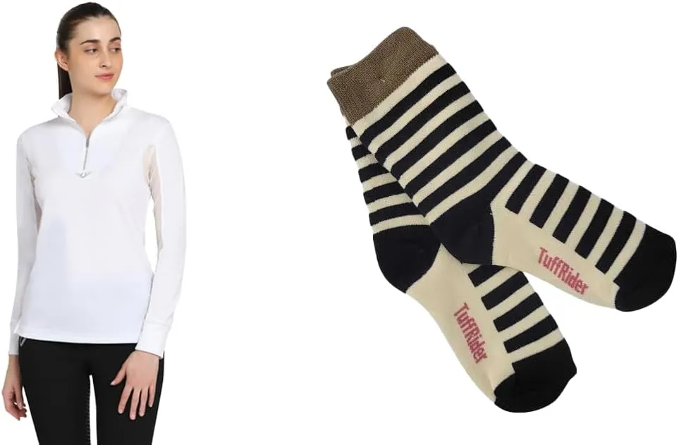TuffRider Ladies Ventilated Technical Long Sleeve Sport Shirt with Free Assorted Striped Socks