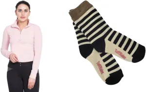 TuffRider Ladies Ventilated Technical Long Sleeve Sport Shirt with Free Assorted Striped Socks