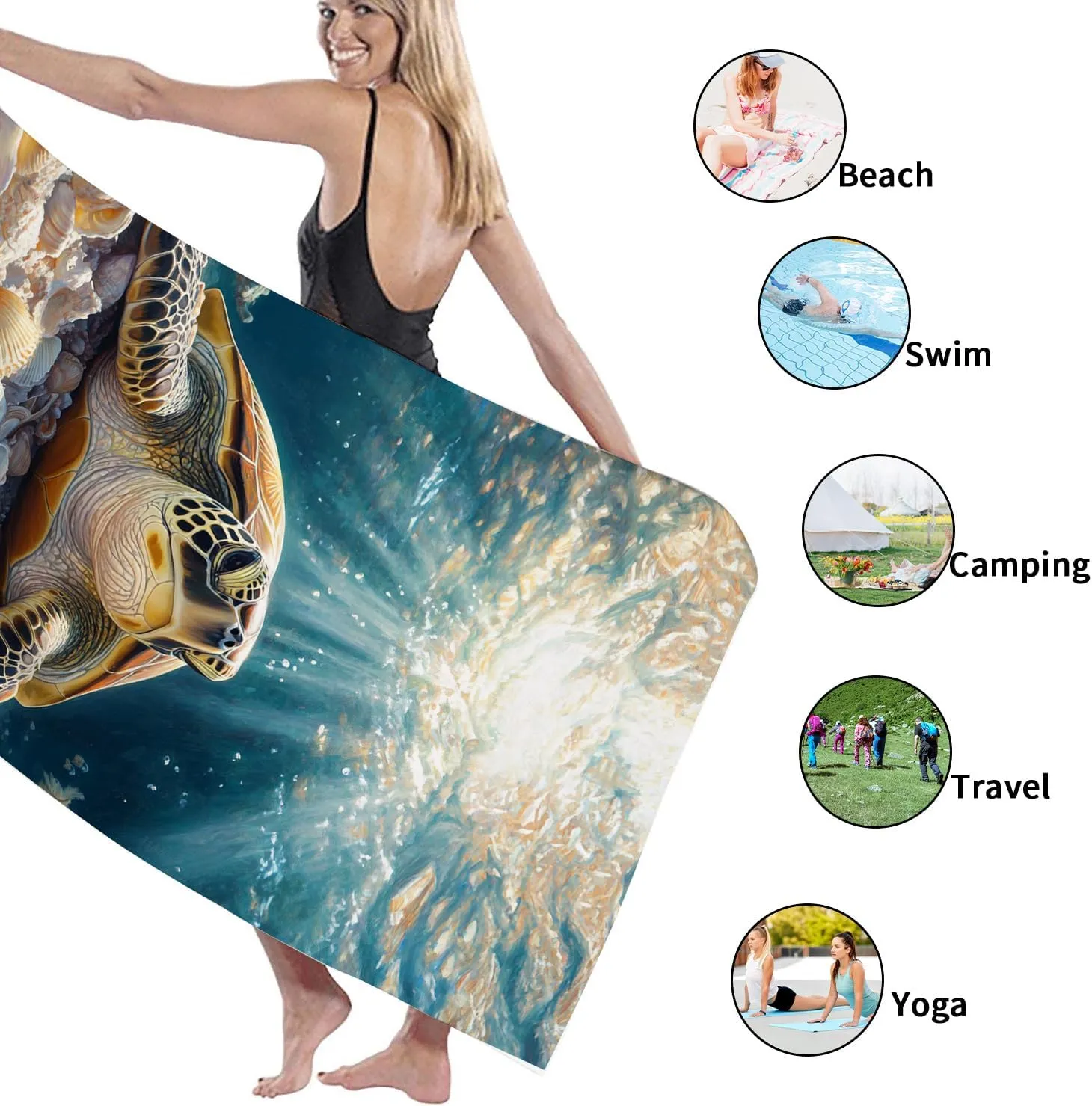 Turtle Underwater Microfiber Beach Towel Ocean Blue Ocean Creatures Quick Dry Soft Sand Free Oversize Lightweight Bath Blanket, Pool Outdoor Travel Picnic Essentials 62x31 Inch