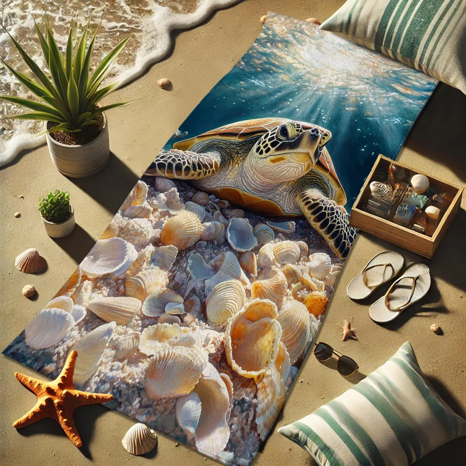 Turtle Underwater Microfiber Beach Towel Ocean Blue Ocean Creatures Quick Dry Soft Sand Free Oversize Lightweight Bath Blanket, Pool Outdoor Travel Picnic Essentials 62x31 Inch