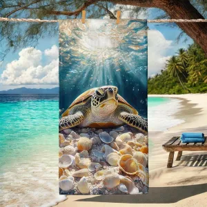 Turtle Underwater Microfiber Beach Towel Ocean Blue Ocean Creatures Quick Dry Soft Sand Free Oversize Lightweight Bath Blanket, Pool Outdoor Travel Picnic Essentials 62x31 Inch