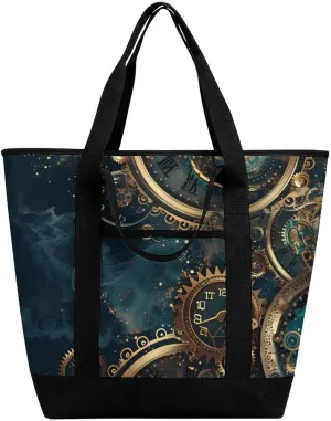 Two Steampunk Clocks with Gears Shopping Bags Insulated Lunch Bag Shoulder Grocery Bags for Work Travel Beach