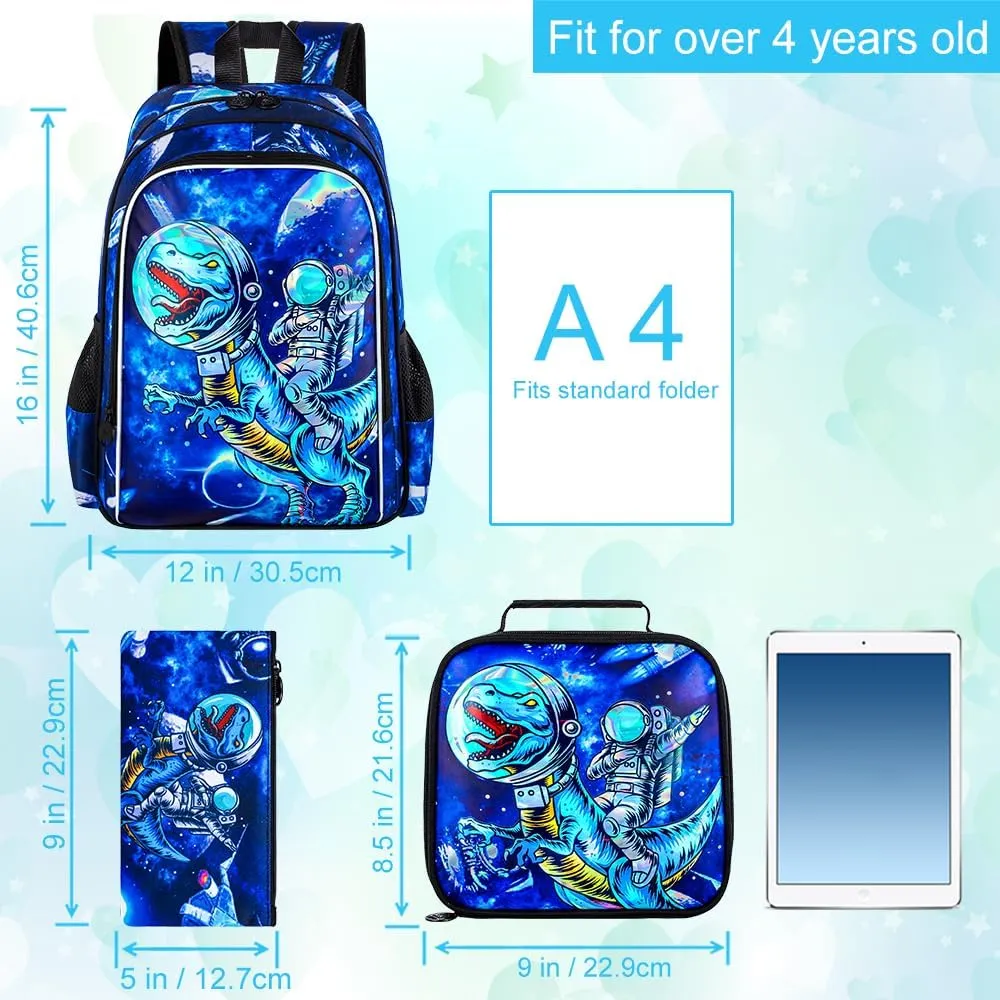 UFNDC 3PCS Boys Backpack,16”Kids Dinosaur Bookbag with Lunch Box, School Bag for Elementary Toddler