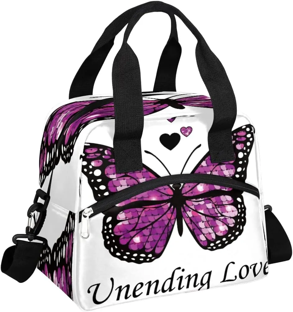 Unending Love Butterfly Insulated Lunch Bag for Women Men Reusable Waterproof Lunch Box Cooler Tote Bag One shoulder portable meal bag Portable Adult Lunchbox for Work Picnic Hiking Beach