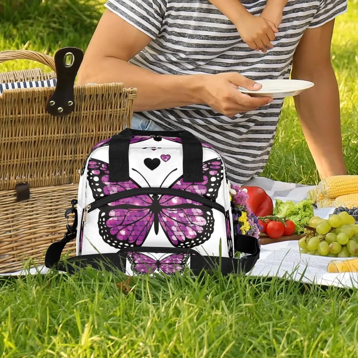 Unending Love Butterfly Insulated Lunch Bag for Women Men Reusable Waterproof Lunch Box Cooler Tote Bag One shoulder portable meal bag Portable Adult Lunchbox for Work Picnic Hiking Beach
