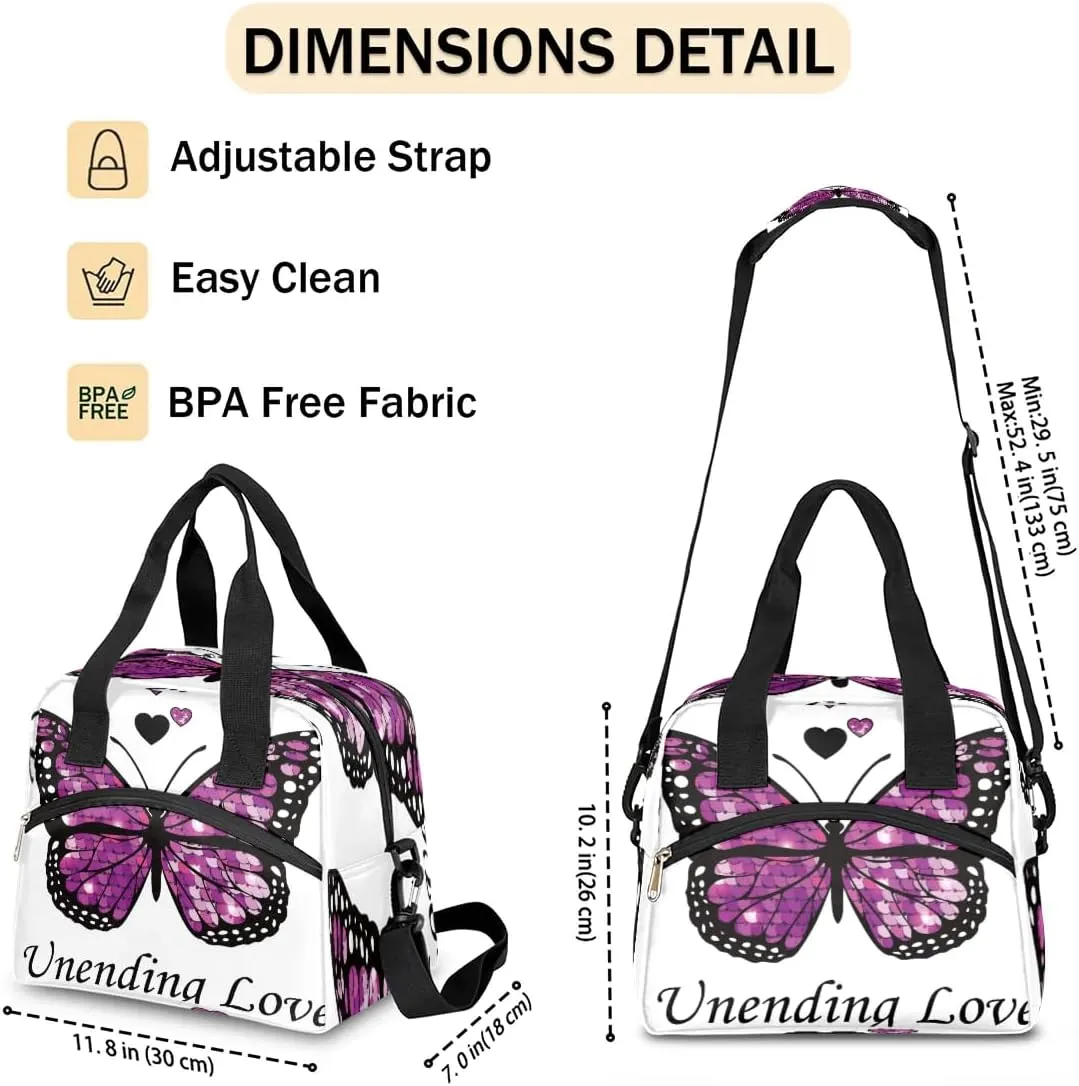 Unending Love Butterfly Insulated Lunch Bag for Women Men Reusable Waterproof Lunch Box Cooler Tote Bag One shoulder portable meal bag Portable Adult Lunchbox for Work Picnic Hiking Beach