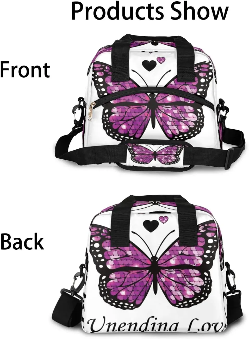 Unending Love Butterfly Insulated Lunch Bag for Women Men Reusable Waterproof Lunch Box Cooler Tote Bag One shoulder portable meal bag Portable Adult Lunchbox for Work Picnic Hiking Beach
