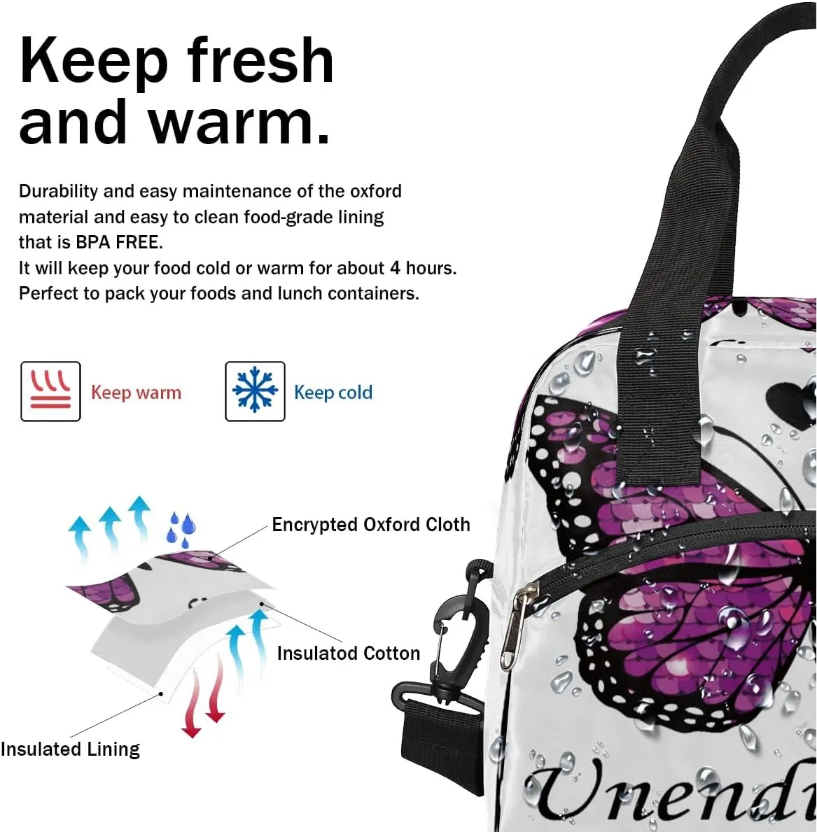 Unending Love Butterfly Insulated Lunch Bag for Women Men Reusable Waterproof Lunch Box Cooler Tote Bag One shoulder portable meal bag Portable Adult Lunchbox for Work Picnic Hiking Beach