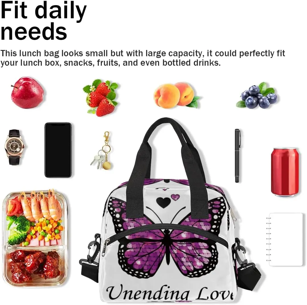 Unending Love Butterfly Insulated Lunch Bag for Women Men Reusable Waterproof Lunch Box Cooler Tote Bag One shoulder portable meal bag Portable Adult Lunchbox for Work Picnic Hiking Beach